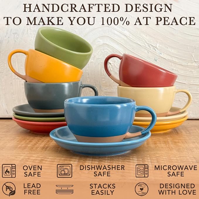 MORA Ceramic Latte Art Mug With Saucer - 10.5 oz, Round Bottom For Perfect Pours - Cafe Cups for Cappuccino, Espresso, Coffee, Tea etc - Porcelain Set for Baristas, Great Gift - Azure Blue
