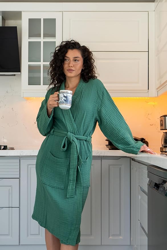 Muslin Unisex Bathrobe Women & Men, 100% Cotton Kimono Lightweight Robe | Long Robes Soft, Absorbent, Spa robes