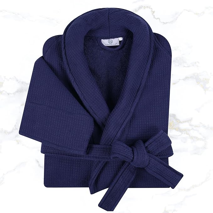 Superior Waffle Weave Cotton Unisex Bathrobe with Belt, Soft and Absorbent Robe for Men and Women Bath Essentials Robes