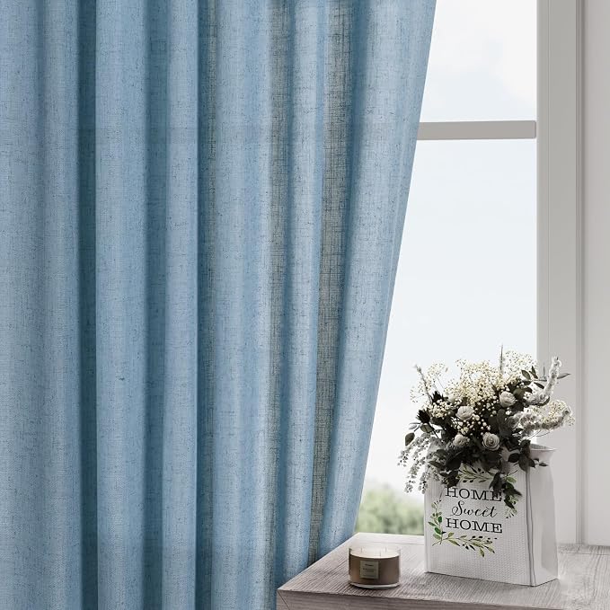 Nanspring Blue Linen Curtains 63 Inches Length 2 Panels Set for Living Room Back Tab Pocket Modern Light Filtering Semi Sheer Drapes Cotton Linen Textured Dusty Blue Window Curtain 52X63 Inches
