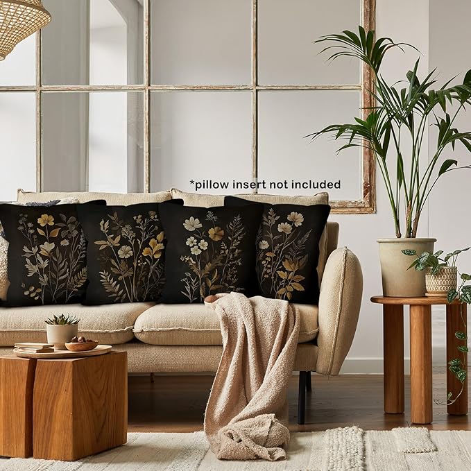 Dark Academia Cottagecore Botanical Throw Pillow Covers 18x18 Set of 4, Vintage Fall Moody Floral Wildflower Decor Pillow Cases for Bedroom Living Room, Rustic Farmhouse Pillowcases for Couch