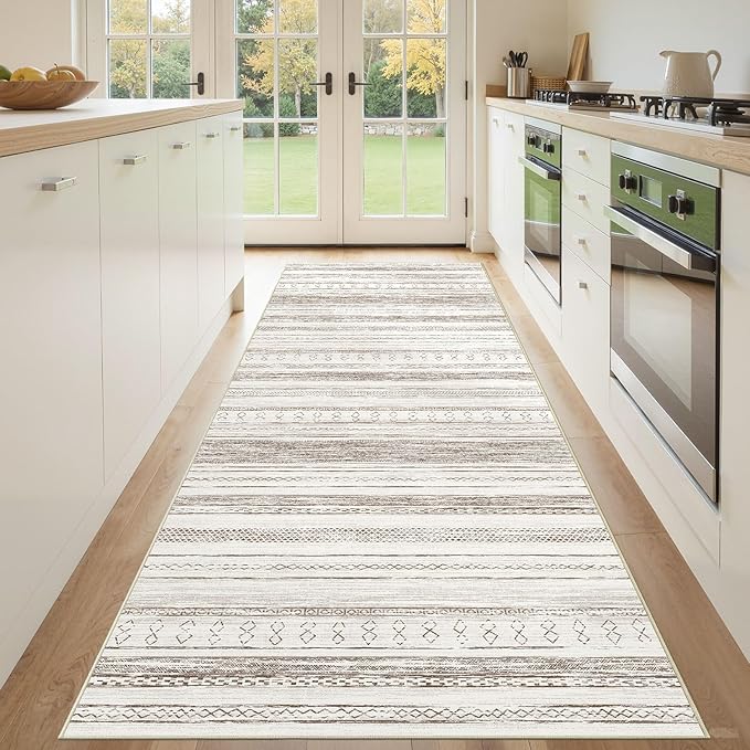 Tortania Area Rug 3x8 Runner Rugs - Washable Soft Neutral Boho Moroccan Farmhouse Rug Indoor Floor Carpet for Living Room Bedroom Kitchen Entryway Under Dining Table Home Office Decor - Cream Brown