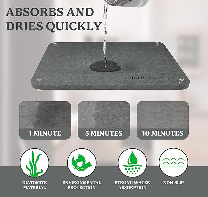 KOANEssentials Stone Dish Drying Mats for Kitchen Counter, Heat Resistant, Fast Dry, Super Absorbent Dish Drying Mats, Eco-Friendly Diatomaceous Earth Mat, Sand Tools included (16x12 Inch,Grey) 2 Pack