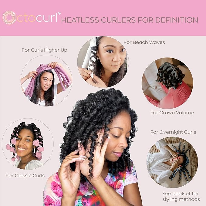 Octocurl No Headband Heatless Hair Curler – Soft Octopus Curling Wrap for Overnight Curls, Spiral, Loose, Beach Waves, Damage-Free Styling for Medium Length Hair (Satin - Pink)