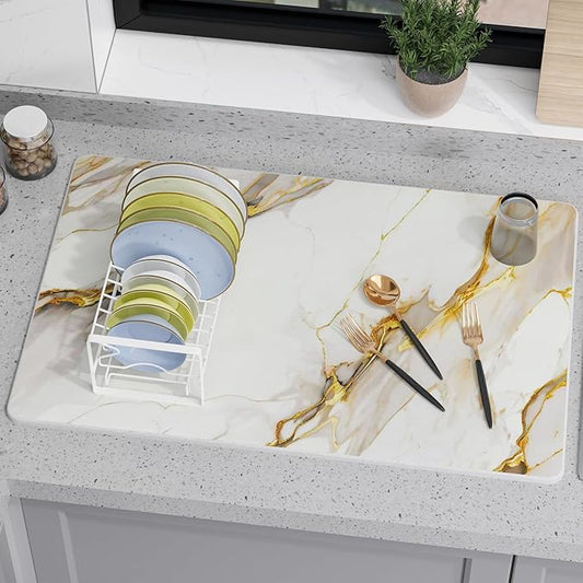 Large Stone Drying Mat for Kitchen Counter, 24" × 16" Diatomite Dish Drying Mat, Quick Dry Stone Mats, Ultra Absorbent Natural Diatomaceous Earth Mats for Dished, Bottles, White Marble