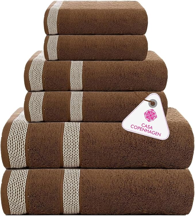 CASA COPENHAGEN Solitaire 6Pcs 100% Egyptian Cotton Large Designer Towels Gift Set- Brown, 600GSM, 2Bath 2Hand 2Washcloths, Bath Towels for Bathroom Set for Women & Men