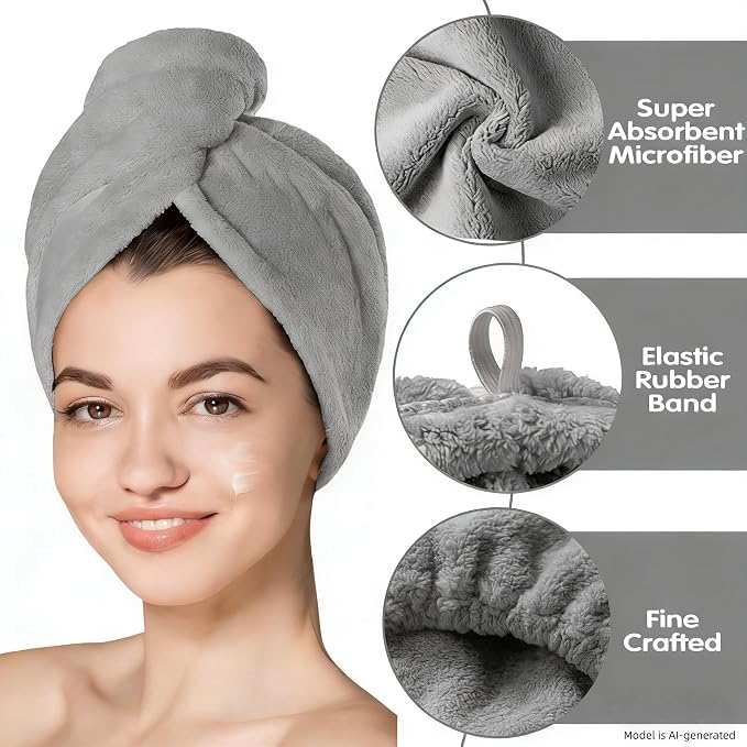 3 Pack Microfiber Hair Towel Wrap for Women, Fast Drying Hair Turban with Button, Anti-Frizz Large Hair Towel for All Hair Styles, Soft & Absorbent Hair Drying Towel