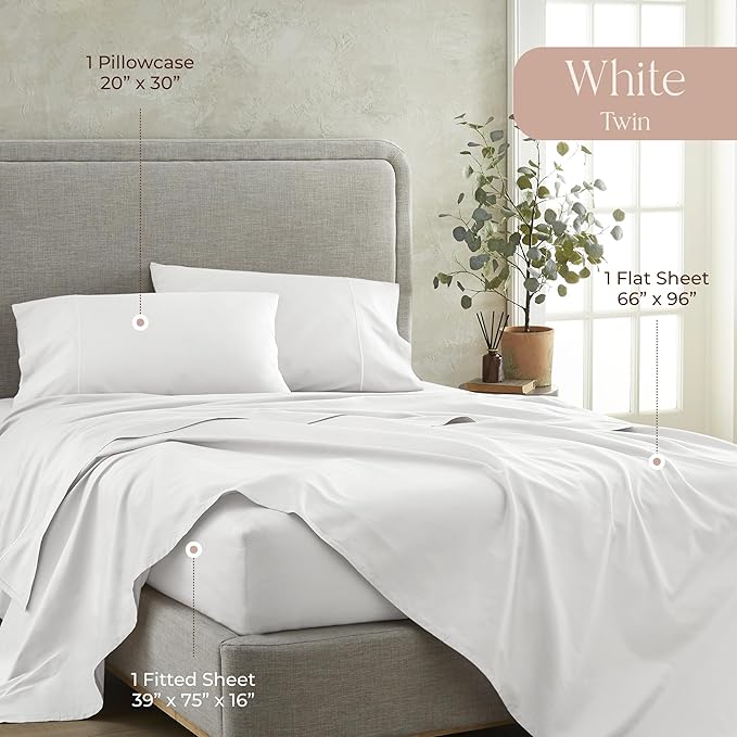 100% Organic Cotton Sheets Twin Size - GOTS Certified Organic Bed Sheets with Deep Pocket 500 Thread Count and Cozy Sateen Weave Gets Softer with Each Wash - Luxury 3 Piece Set (White, Twin)