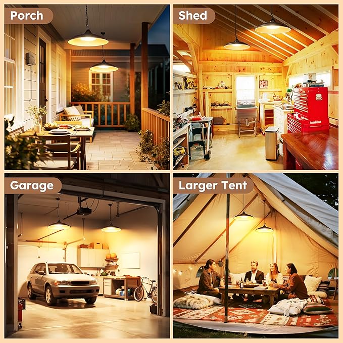 Solar Shed Light Indoor Outdoor, Dual Lamp Warm White Daytime Available Pendant Light with Pull String, Dusk to Dawn, 3 Lighting Modes Solar Lights Indoor, Waterproof for Barn, Gazebo, Shop