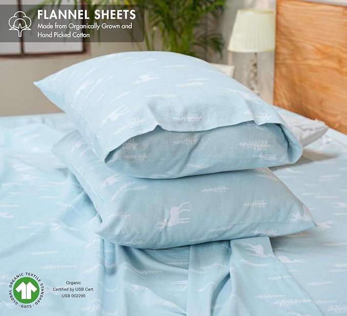 RUVANTI Flannel Sheets Full Size - GOTS Certified 100% Organic Cotton, 4 Piece Warm, Soft & Breathable Set, Deep Pocket Snug Fit, Double Brushed Cozy All Season Bedding, Blue Pine