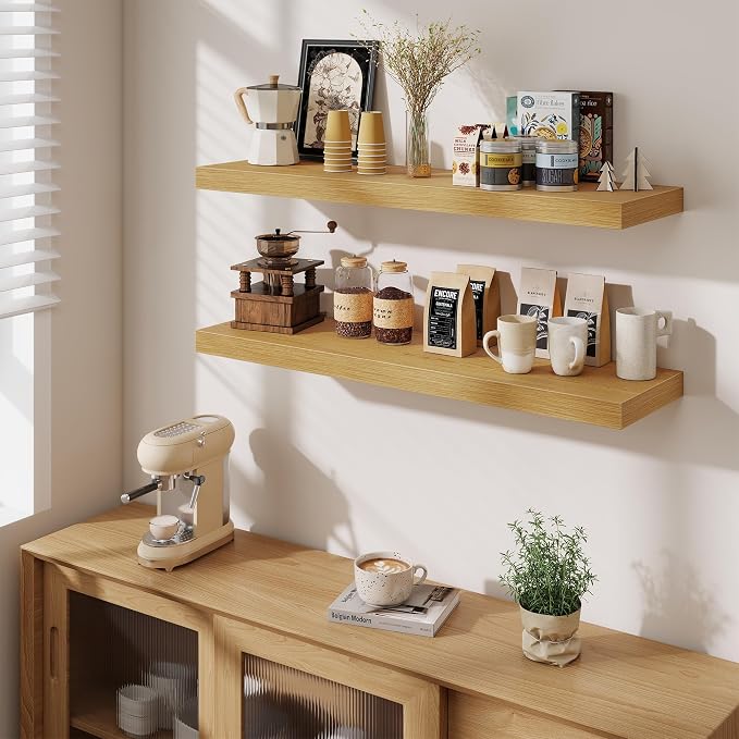 Fun Memories Floating Shelves Set of 3, 40 Inch Long Wooden Wall Shelves, 10 Inch Deep Wall Mounted Storage Shelf with Metal Brackets for Living Room, Bathroom, Bedroom and Kitchen, Oak