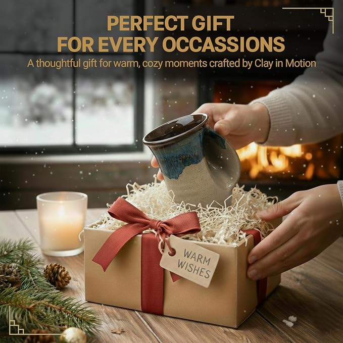 Clay in Motion Hand Warmer Coffee Mug – Handmade Coffee Mug With Comfortable Handle Contoured Pocket Hand Warming Ceramic Coffee Mug – Proudly Made in USA – Right Handed – 14 Oz - Mudslide