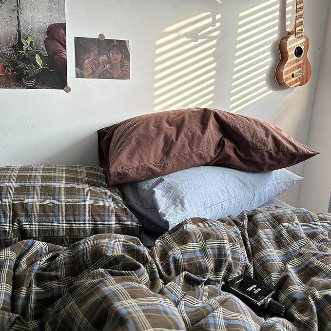 mixinni Vintage Brown & Blue Buffalo Plaid Duvet Cover Set Twin Size - 3 Piece Washed Cotton Bedding Set with Grid Pattern, Soft & Breathable Duvet Cover with Pillowcases for All Seasons