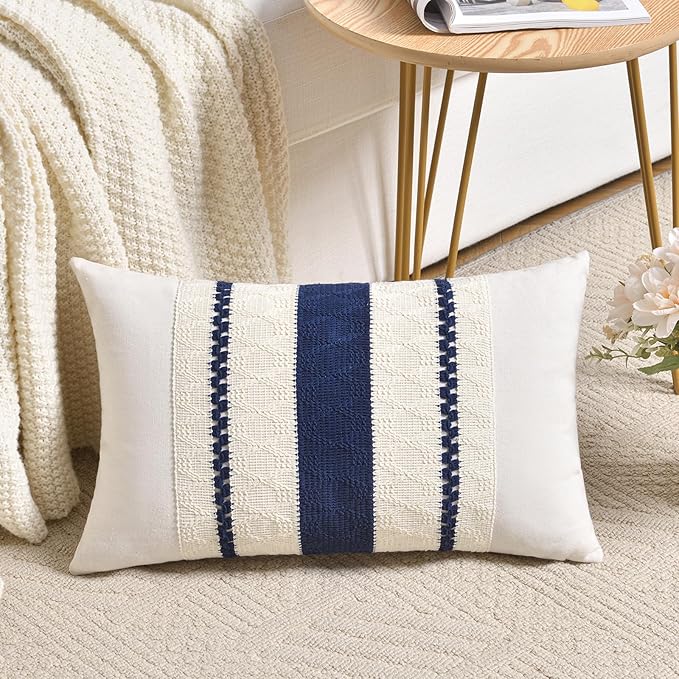 Fancy Homi Set of 1 Navy Blue Lumbar Decorative Throw Pillow Covers 14x24 Inch for Couch Bed Sofa Living Room, Aesthetic Modern Organic Farmhouse Home Decor, Soft Cotton Woven Textured Cushion Case