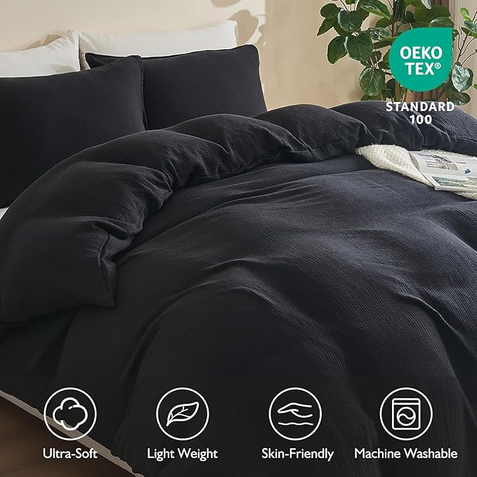 EMME Muslin Cotton Duvet Cover Set Black Queen Size Linen Like Soft Breathable Lightweight Summer Comforter Cover Set with Zipper Closure (Black, Queen, 90"x90")