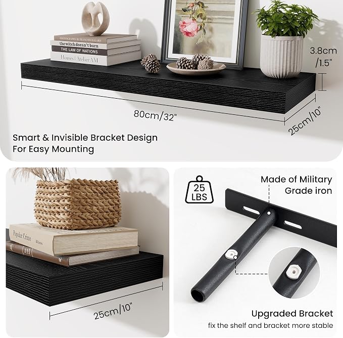 Fun Memories Floating Shelves for Wall, 32 Inch Long Floating Shelves Set of 3, 32 x 10 Wooden Shelves for Wall, Large Storage Shelves, Hanging Shelves for Bathroom Kitchen Bedroom, Black