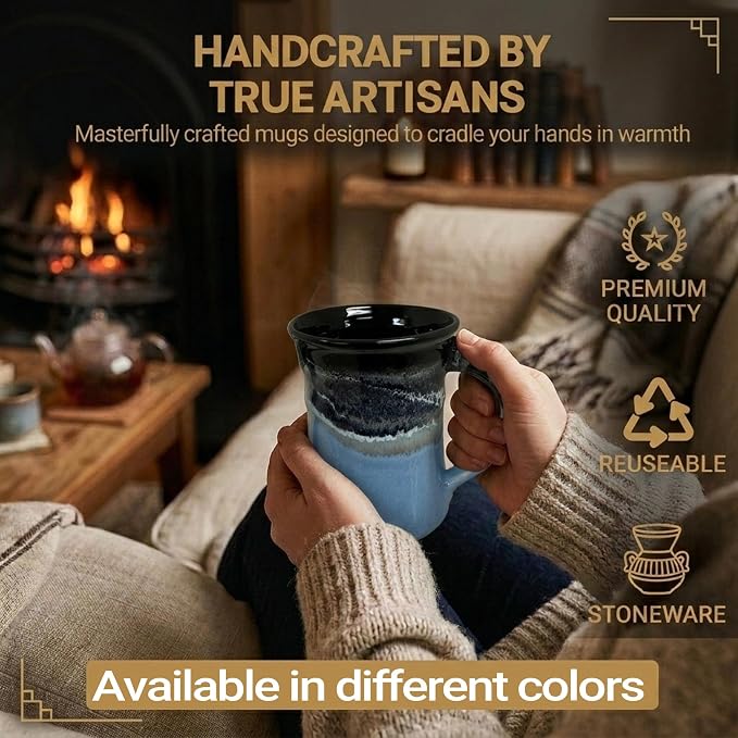 Clay in Motion Handmade Ceramic Mug 24 oz, Large Coffee Mug, Hand Painted Stoneware, Dishwasher Microwave & Oven Safe, Lead-Free, Made in USA Since 1981 (Pacific Chill)