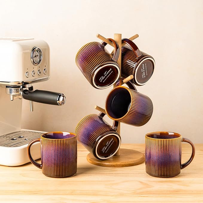 theterra Ceramic Coffee Mugs Set of 6, 14.2oz Handmade Coffee Cups with Handle for Latte, Tea, Milk, Beer, Hot Cocoa, Amber Amethyst