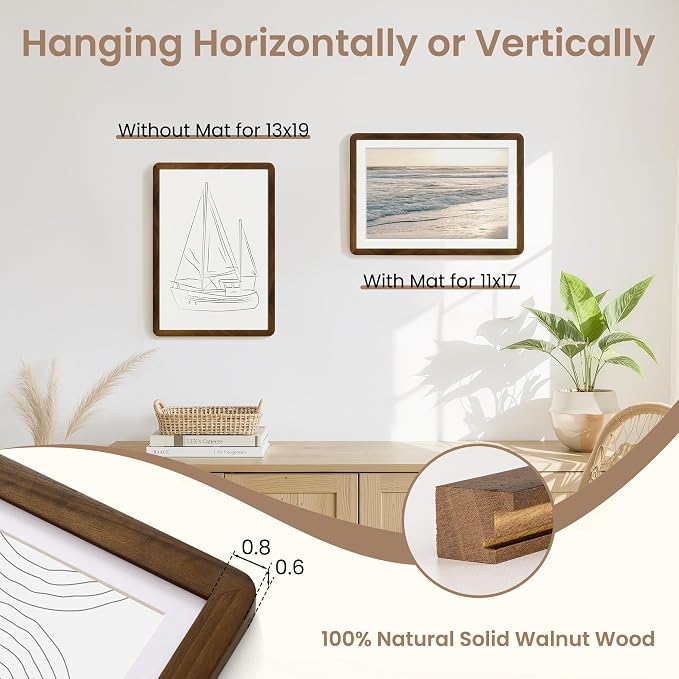 Fun Memories 13x19 Picture Frame - Solid Walnut Wood Frame with Mat for 11x17, 13 By 19 Art Wall Frames with HD Tempered Glass, Horizontal or Vertical Wall Display, Natural Walnut