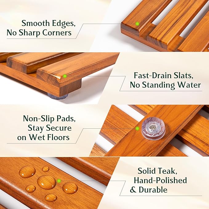 Premium Teak Shower Mat - 24" x 16" Non-Slip Wooden Bath Mat for Bathroom Floor, Fast-Drying Spa-Style Solid Wood Duckboard, Indoor & Outdoor Use