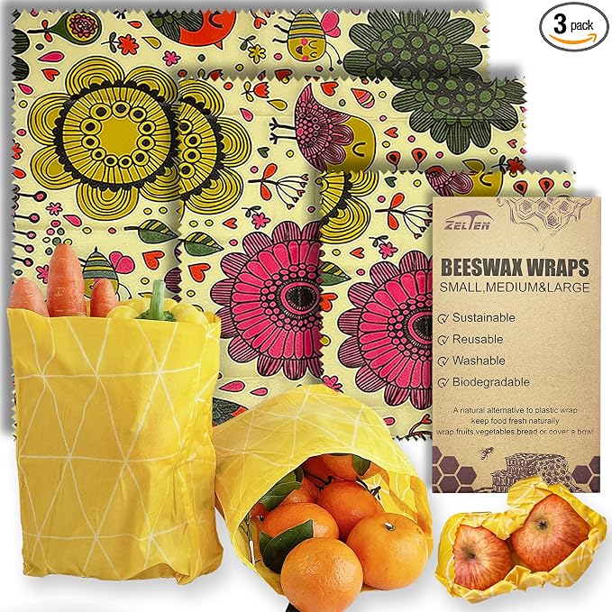 Zelten Beeswax Reusable Food Wraps - (3 Packs, 3 Sizes S,M,L) Plastic and Silicone Free, Eco-friendly Wrap, Wax Paper for Food,Flower Bee & Bird