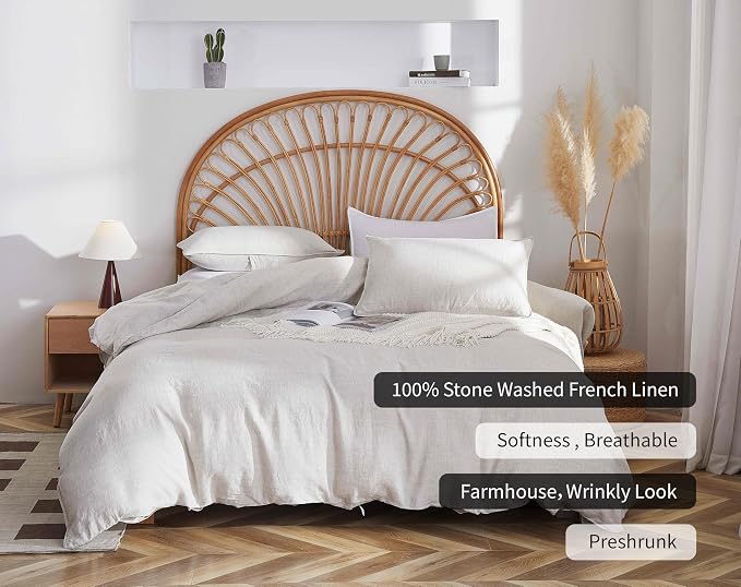 100% French Flax Linen Duvet Cover Set, Queen Size 90''x90'' 3 Pcs with 8 Corner Ties and Button Closure, Soft and Breathable for All Season (Natural Linen, Queen)