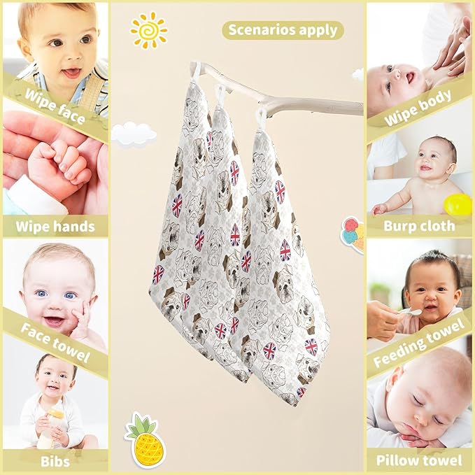 Baby English Bulldog Msulin Washcloths Newborn Face Towel - Baby Muslin Burp Cloths 5 Pack Soft Absorbent Natural Cotton Wash Towel 11.8"X11.8" Baby Bath Towels Wipes