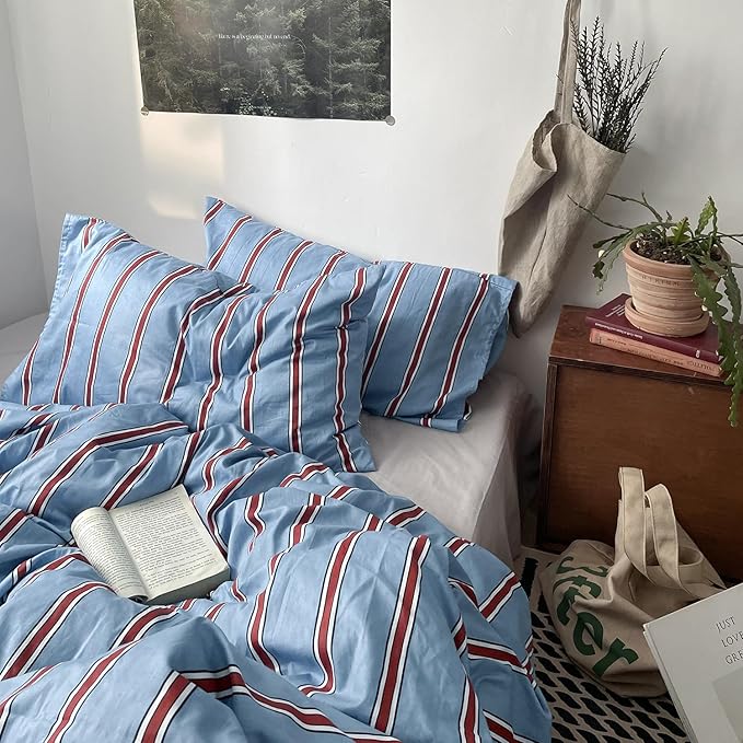 mixinni Vintage Striped Blue Duvet Cover Queen - 100% Cotton Red Stripes 3-Piece Bedding Duvet Cover Set with Zipper Closure, Soft & Breathable Retro Design for All Seasons (Queen Size)