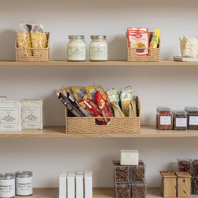 StorageWorks Paper Rope Pantry Storage Baskets, Wicker Baskets with Built-in Handles, Handwoven Shelf Baskets for Organizing, Pantry Organizers and Storage, Natural, 3 Pack