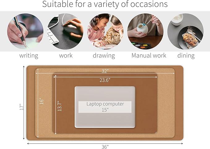 RENMTURE Desk Pad, Cork & PU Leather Desk Mat, Large Mouse pad, Non-Slip Desk Protector and Blotter, Waterproof Writing Pad, Desk Accessories and Organizers for Home Office (Brown, 36"x17")