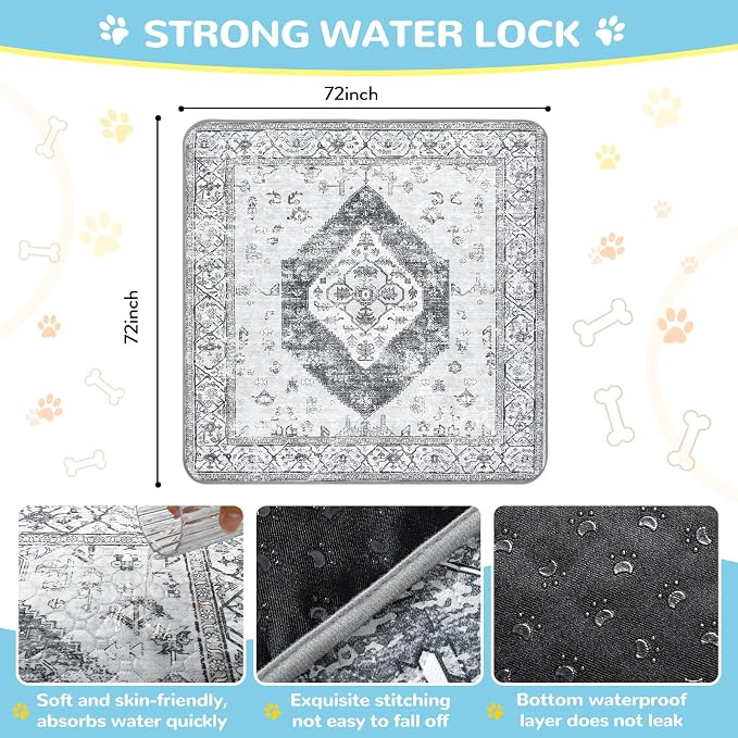 Lahome Extra-Large Washable Dog Pee Pads (72"x72") - Super Absorbent & Waterproof - Leakproof Reusable Mat for Playpens, Beds & Whelping, Convenient Cleanup,Gray