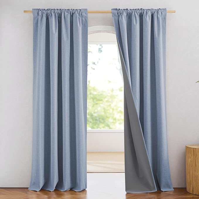 NICETOWN Full Blackout Linen Curtains 102" Length with Thermal Insulated Liners for Living Room, Farmhouse Style Keep Cool & Warm Large Window Drapes for Hall (Stone Blue, 2 Panels, 52" Wide)