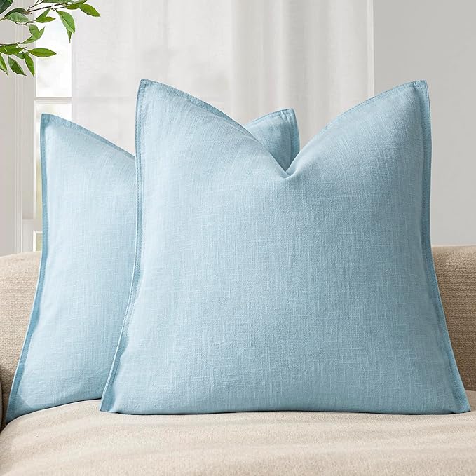 Foindtower Pack of 2, Decorative Linen Soild Throw Pillow Covers Soft Accent Euro Cushion Case Farmhouse Neutral Pillowcase for Chair Couch Sofa Bedroom Living Room Home Decor 20 x 20 Inch Light Blue