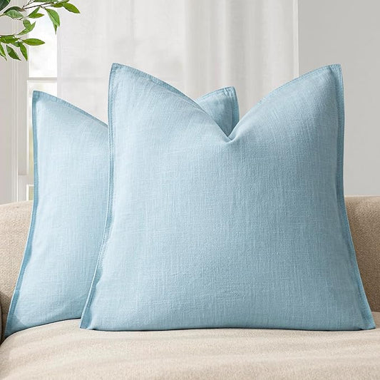 Foindtower Pack of 2, Decorative Linen Soild Throw Pillow Covers Soft Accent Euro Cushion Case Farmhouse Neutral Pillowcase for Chair Couch Sofa Bedroom Living Room Home Decor 22 x 22 Inch Light Blue
