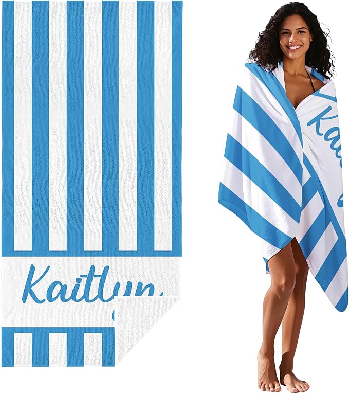 JML Personalized Beach Towel with Name, Custom Cabana Stripe Beach Towel, Customized Microfiber Pool Towel, Quick Dry & Absorbent Swim Towel for Adult,Mother's Day, Birthday, Summer Holiday,Vacation