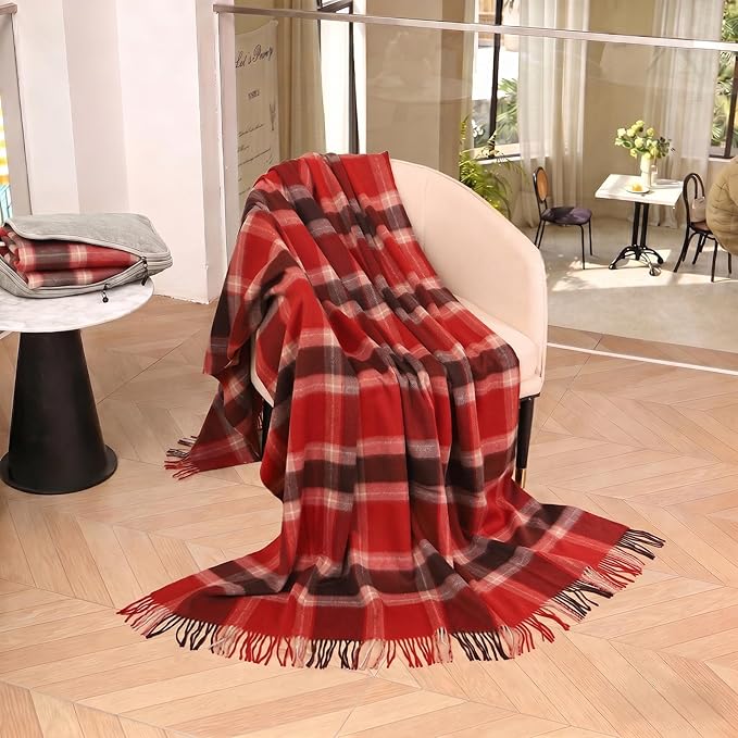 100% Wool Blanket Throw,Buffalo Plaid Wool Blanket with Compact Bag,Rustic Soft Lightweight Blanket for Couch,Sofa,Bed & Home Decoration, Warm Travel Blanket for Home, Airplane,Ideal Gifts 55"x83"