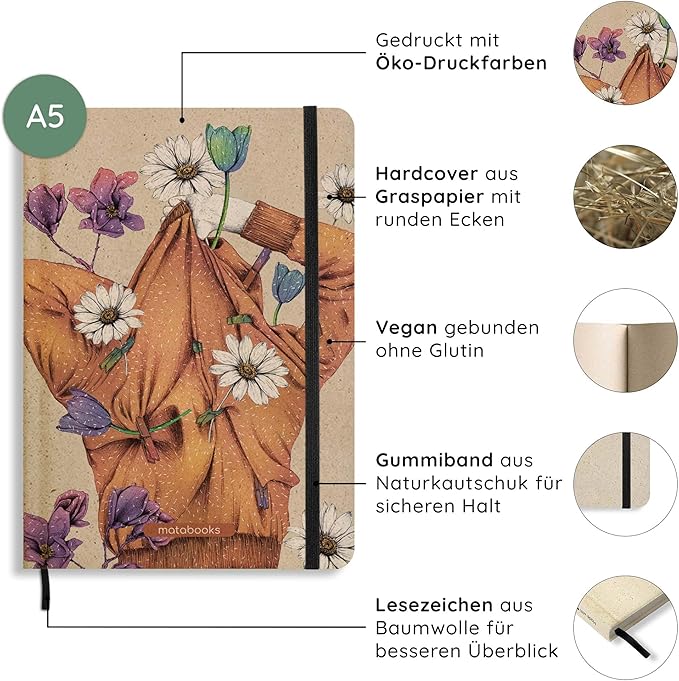 Sustainable A5 Notebook/Journal/Bullet Journal/Writing Book/Notebook Made of Sweetgrass Paper - Nari Colour: Apricot Orange (Dotted)