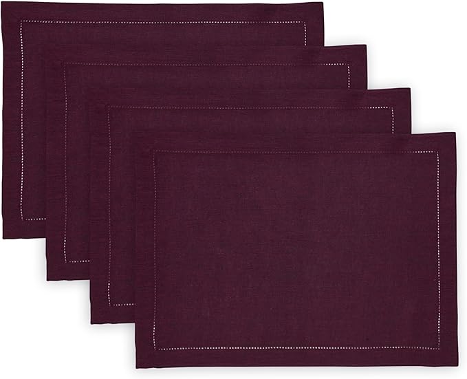 Solino Home Linen Cloth Placemats Set of 4-100% Pure Linen Hemstitch Chambray Burgundy Placemats 14 x 19 Inch - Milan Hemstitch Table Place Mats