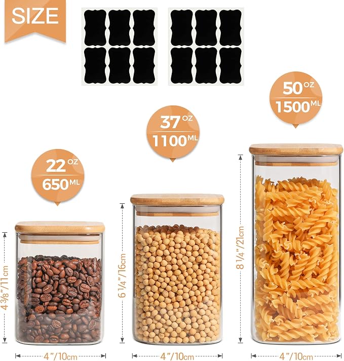 ComSaf Airtight Glass Storage Canister with Bamboo Lid (22oz/37oz/50oz) Set of 6, 31oz Glass Jars with Bamboo Lids & Spoons Set of 4, Pantry Storage Jar for Flour Cereal Sugar Tea Coffee Beans Snacks