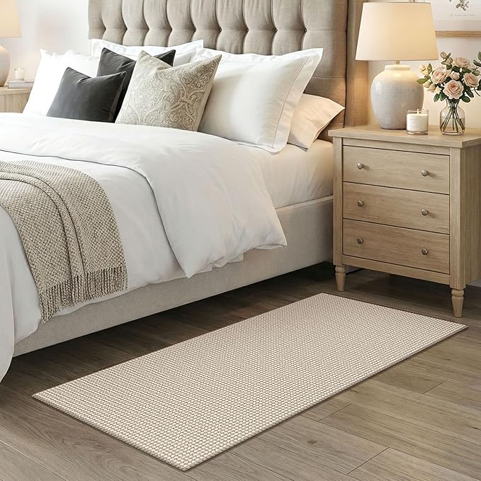 EARTHALL Woven Runner Rug 2x4 Ft Washable Runners for Hallways Cotton Non Slip Eentryway Runner Braided Indoor Floor Carpet for Kitchen, Hallway, Kitchen, Doormat, Beige/Ivory