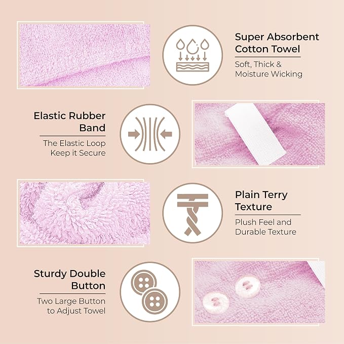 Lili&James 100% Cotton Hair Towel Wrap for Women & Kids – 420 GSM Quick Dry Hair Turban with Double Button Loop, Anti Frizz Non Microfiber Hair Drying Towel for Curly, Long & Thick Hair (Lilac)