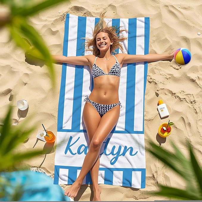 JML Personalized Beach Towel with Name, Custom Cabana Stripe Beach Towel, Customized Microfiber Pool Towel, Quick Dry & Absorbent Swim Towel for Adult,Mother's Day, Birthday, Summer Holiday,Vacation