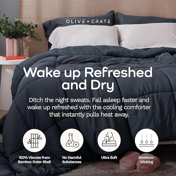 Olive + Crate Cooling Down Alternative Comforter - Hypoallergenic Queen Size Duvet Insert Lightweight - All Seasons Plush Design Bamboo Comforter - 100% Bamboo Viscose Outer Cover - Charcoal 88"x90"