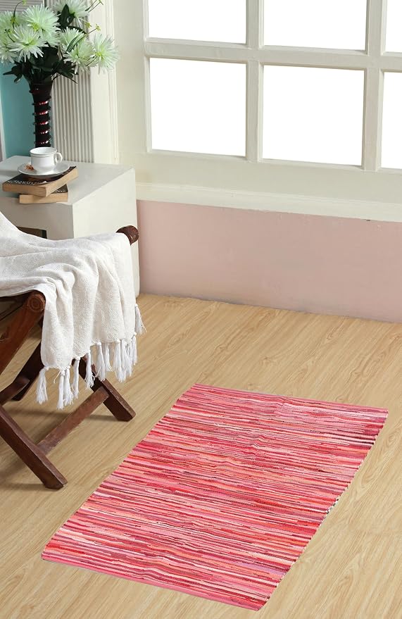 Handmade Cotton Chindi Rug Rectangular Area Rag Washable Recycled Rugs for Home Décor, Living Room and Bedroom (Pink, 2X3 Feet)