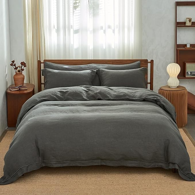 Simple&Opulence 100% Washed Linen Duvet Cover with Embroidered, 3 Pieces Soft Farmhouse Comforter Set with Button Closure,1 Duvet Cover and 2 Pillowshams(King,Charcoal Grey)