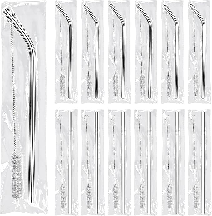 16 Pack 8.5 Inch Reusable Stainless Steel Straws Individually Wrapped,8 Bent + 8 Straight + 16 Cleaning Brushes,Cold Drinking Stainless Steel Straws