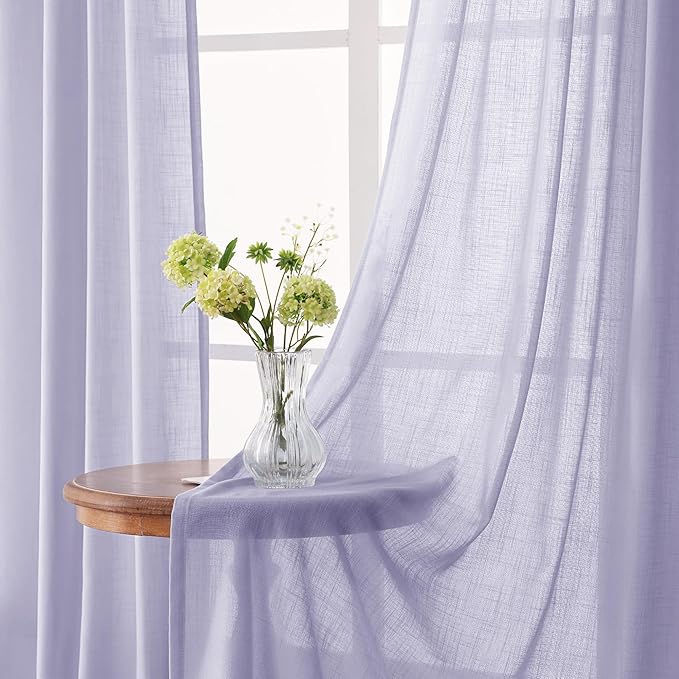 Lavender Semi Sheer Linen Curtains 96 Inches Long 2 Panels Set for Living Room Back Tab Light Filtering Long Drapes Modern Farmhouse Light Violet Purple Bedroom Decor 52X96