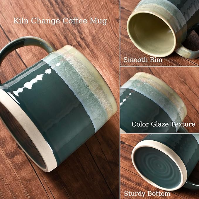 fMBB Ceramic Coffee Mug, 13 oz, Big Tea Cup, Reactive Glaze Shiny and Matte Surface Rich Colored Pottery Mugs, Wide Bottom Coffee Mug for Tea, Latte, Hot Chocolate, Home Decor, Green Tone