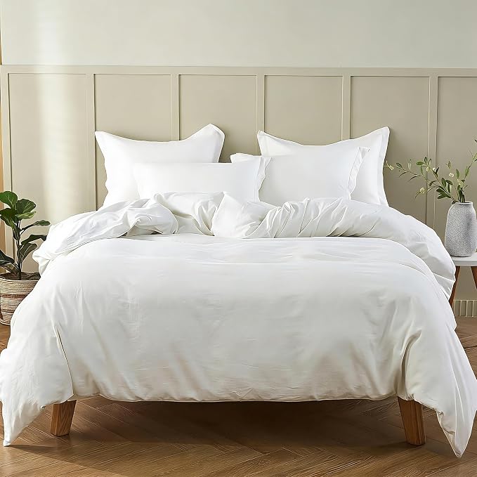 Simple&Opulence French Linen Duvet Cover Set 104"x 92"- 5 Pieces (1 Comforter Cover,4 Pillowcases)-Natural Flax Cotton Blend-Solid Color Breathable Farmhouse Bedding-Off White, King