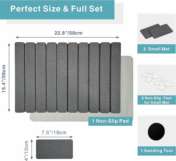 Diatomaceous Earth Stone Dish Drying Mat for Kitchen Counter – Quick Drying Mat Set (1*Large 23"×15.5" & 2*Small 7.5"×4") | Kitchen Drying Mat for Dishes, Cups & Utensils, Sink Mat (Grey)